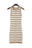 Khaki Stripe Hollowed Knit Sleeveless Sweater Dress