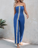 Striped Print Bandeau Sleeveless Shirred Jumpsuit Elegant Overall