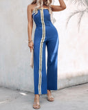 Striped Print Bandeau Sleeveless Shirred Jumpsuit Elegant Overall