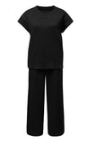 Black Solid Color Textured Short Sleeve Top and Casual Pants Set