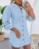 Large Swiss Dot Stand Collar Long Sleeve Chiffon Shirt Dress Casual Button Design Mini Dress