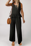 Black Solid Color Ribbed Ruffle Tank Top and Pants Set