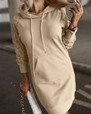 Hooded Contrast Lace Long Sleeve Sweatshirt Dress Pocket Drawstring Pullover Hoodie Dress