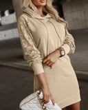 Hooded Contrast Lace Long Sleeve Sweatshirt Dress Pocket Drawstring Pullover Hoodie Dress