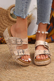 Pale Khaki Retro Buckle Studded Platform Slippers