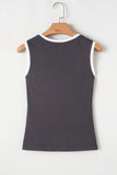 Carbon Grey Ribbed Knit Colorblock Edge U Neck Slim Fit Tank Top