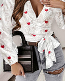 Heart Floral Pattern Ruched Overlap Top