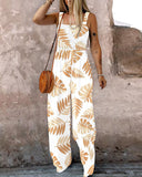 Plants Print Square Neck Thick Strap Shirred Jumpsuit Wide Leg Overalls with Pockets