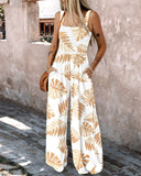 Plants Print Square Neck Thick Strap Shirred Jumpsuit Wide Leg Overalls with Pockets