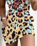 Leopard Print Spaghetti Strap Bodycon Dress Sexy Butterfly Pocket Design Slim Fit Mini Dress