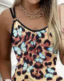 Leopard Print Spaghetti Strap Bodycon Dress Sexy Butterfly Pocket Design Slim Fit Mini Dress