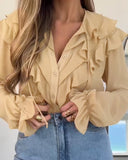 Plain Ruffles Lace Up Long Sleeve Blouse Casual V Neck Chiffon Shirt
