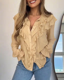 Plain Ruffles Lace Up Long Sleeve Blouse Casual V Neck Chiffon Shirt
