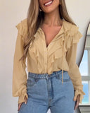 Plain Ruffles Lace Up Long Sleeve Blouse Casual V Neck Chiffon Shirt