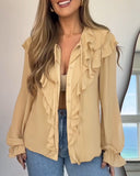 Plain Ruffles Lace Up Long Sleeve Blouse Casual V Neck Chiffon Shirt