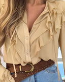 Plain Ruffles Lace Up Long Sleeve Blouse Casual V Neck Chiffon Shirt