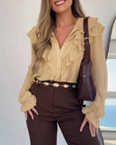 Plain Ruffles Lace Up Long Sleeve Blouse Casual V Neck Chiffon Shirt