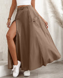 Adjustable Waistbelt Zipper High Slit Maxi A line Skirt