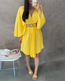 V Neck Batwing Sleeve Asymmetrical Hem Dress Casual Flowy A Line Waist Dress