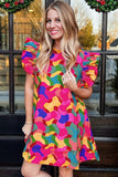 Rose Red Abstract Print Ruffle Sleeve Shift Dress