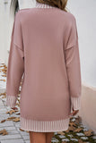 Fushia Striped Trim Mock Neck Dropped Long Sleeve Sweater Mini Dress