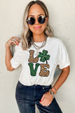 White Cheetah Clover LOVE Graphic St. Patricks Crewneck Tee