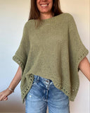 Solid Three Quarters Batwing Sleeve Hollow out Pattern Edges Casual Knit Top