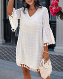 Large Swiss Dot  V Neck Bell Sleeve Mini Dress Casual Loose Fit Dress