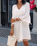 Large Swiss Dot  V Neck Bell Sleeve Mini Dress Casual Loose Fit Dress