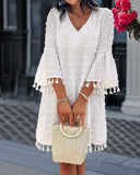 Large Swiss Dot  V Neck Bell Sleeve Mini Dress Casual Loose Fit Dress