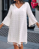Large Swiss Dot  V Neck Bell Sleeve Mini Dress Casual Loose Fit Dress