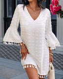 Large Swiss Dot  V Neck Bell Sleeve Mini Dress Casual Loose Fit Dress