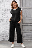 Black Cable Knit Contrast Trim Short Sleeve Top and Pants Set