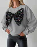 Round Neck Long Sleeve Contrast Sequin Bowknot Decor Sweatshirt