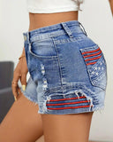 Star Embroidery Raw Hem Denim Shorts