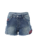 Star Embroidery Raw Hem Denim Shorts