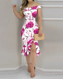Floral Print Off Shoulder Bodycon Dress Ruffle Hem Slim Fit Dress