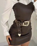 2 Pieces Outfit Turn down Collar Long Sleeve Blouses and Casual Spaghetti Straps PU Leather Skirt