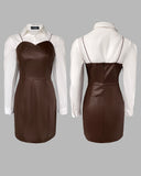 2 Pieces Outfit Turn down Collar Long Sleeve Blouses and Casual Spaghetti Straps PU Leather Skirt