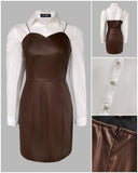 2 Pieces Outfit Turn down Collar Long Sleeve Blouses and Casual Spaghetti Straps PU Leather Skirt