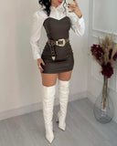 2 Pieces Outfit Turn down Collar Long Sleeve Blouses and Casual Spaghetti Straps PU Leather Skirt
