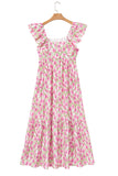 Pink Floral Print Square Neck Ruffled Strap Maxi Dress