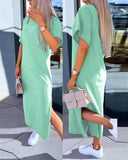 Slit Short Sleeve Round Neck Casual Dress