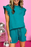 Dark Blue Ruffled Sleeve Summer Top and Cropped Loose Pants Set