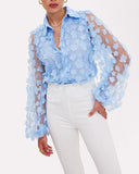 Floral Pattern Sheer Mesh Lantern Sleeve Top