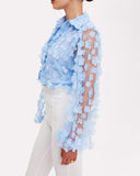 Floral Pattern Sheer Mesh Lantern Sleeve Top