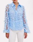 Floral Pattern Sheer Mesh Lantern Sleeve Top