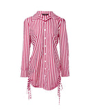 Striped Button Down Shirt Dress Back Shirred Long Sleeve Side Drawstring Mini Dresses