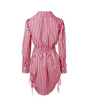 Striped Button Down Shirt Dress Back Shirred Long Sleeve Side Drawstring Mini Dresses