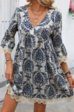 Sky Blue Vintage Printed Lace Trim V Neck 3/4 Sleeve Loose Dress